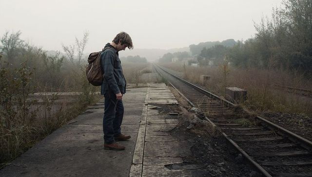 Young man standing on cracked railway platform beside overgrown tracks in misty morning
