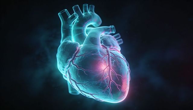 Translucent Glowing Human Heart with Neon Coronary Vessels and Aorta