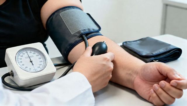 Clinician measuring blood pressure using manual sphygmomanometer on patient arm in clinic