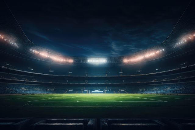 Lit empty football stadium at night, created using generative ai technology. Sports, competition and architecture concept digitally generated image.