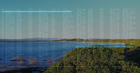 Scenic Coastal Landscape Intertwined with Data Overlay