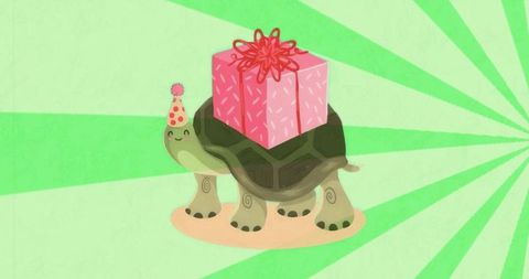 Festive turtle with gift box and party hat in whimsical style