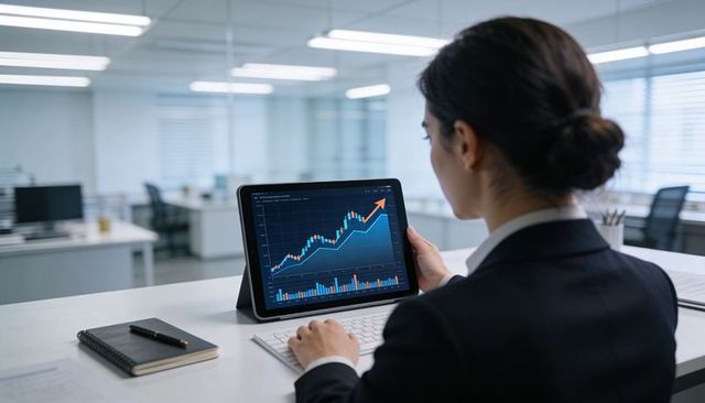 Businesswoman analyzing rising financial chart on tablet in modern open-plan office workspace