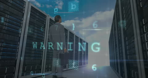 Animated Warning Over Businessman in Cloud Data Center