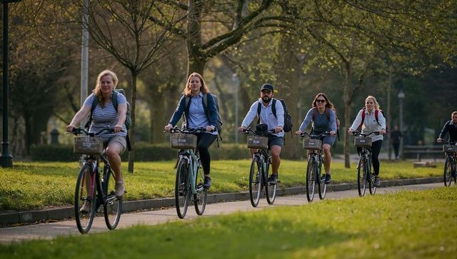 Group of Friends Enjoying a Leisurely Park Bike Ride