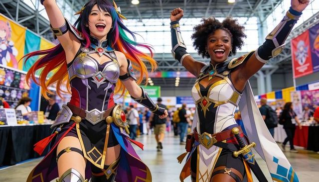 Energetic cosplayers charging through convention wearing colorful fantasy armor and capes