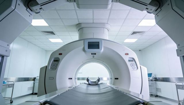 Ct scanner gantry centered in modern radiology suite with patient table and monitors