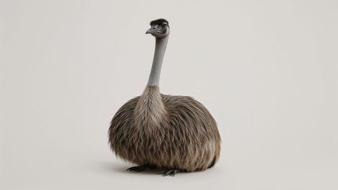 Emu with long neck and fluffy body on neutral backdrop