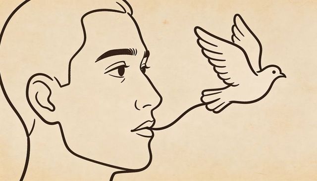 Male profile releasing dove on lip ribbon line minimalist monoline freedom concept