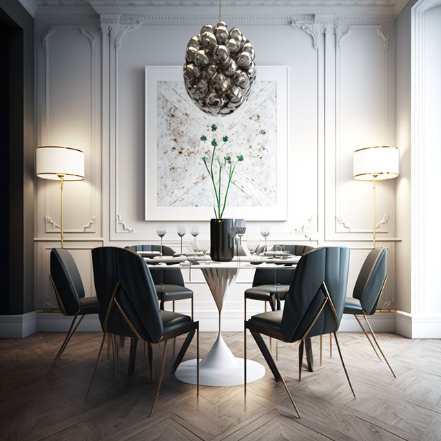Dining room with table, chairs and lamp, created using generative ai technology. Transitional style house interior decor concept digitally generated image.
