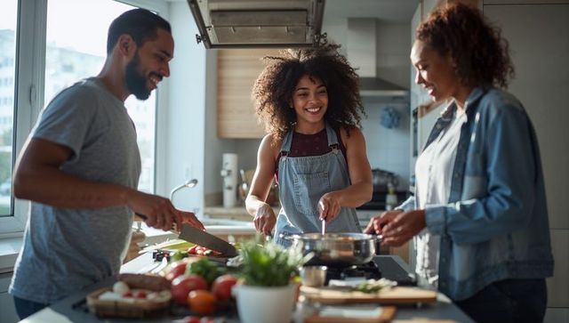 Friends cooking together at kitchen island stirring pan and chopping fresh vegetables