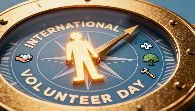 Golden volunteer compass guiding international volunteer day with charity icons and needle