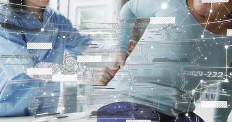 Clinician Examining Patient Abdominal Pain with Digital Health Data Interface Overlay