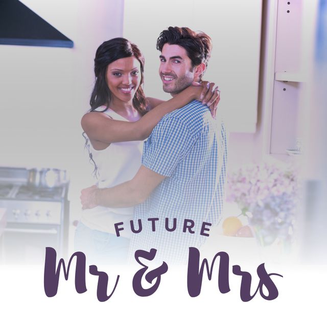 Couple embracing joyfully in kitchen conveys future marriage plans and togetherness. Ideal for engagement announcements, wedding invitations, love-themed content, or relationship blogs.