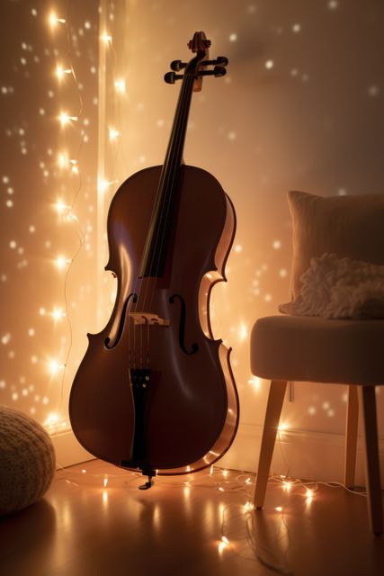 Brown cello leaning on wall with fairy lights, created using generative ai technology. Music, instruments and hobbies concept digitally generated image.