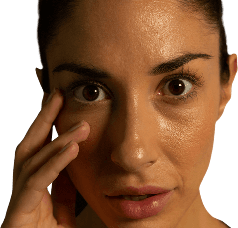 Transparent background of thoughtful woman touching her face