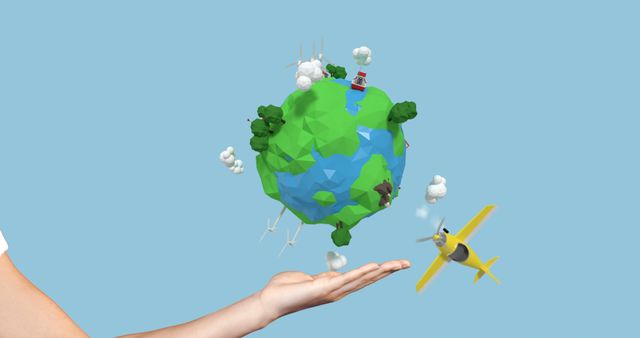 Hand Holding Low Poly 3D Model of Earth with Wind Turbines and Airplane - Download Free Stock Images Pikwizard.com
