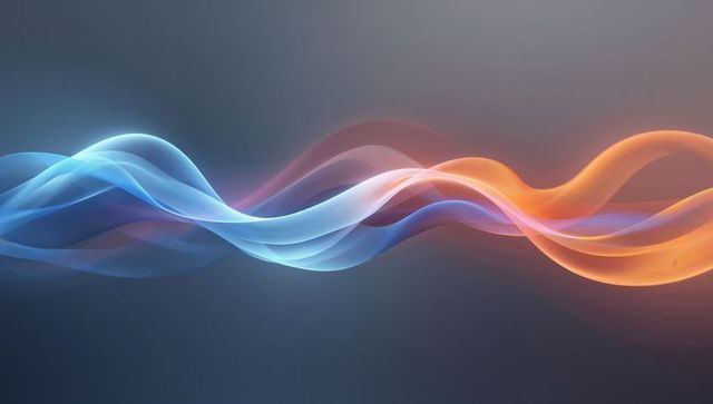 Flowing cyan and amber ribbons crossing dark gradient with magenta blend and soft glow