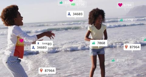 Children playing on beach with social media overlays showing likes followers and location