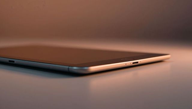 Slim tablet edge with metallic bezel and usb-c port on minimalist reflective tabletop