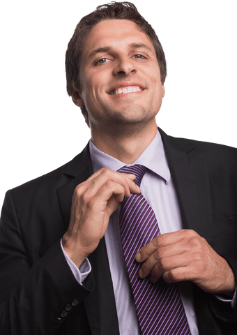 Confident Young Businessman Adjusting Tie With Transparent Background