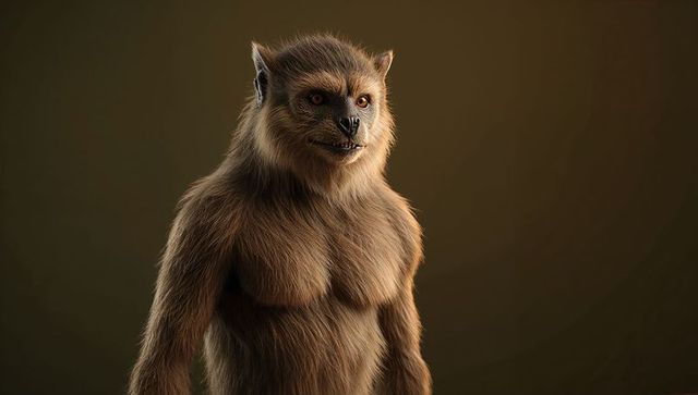 Furry anthropomorphic beast with ferocious teeth in studio light