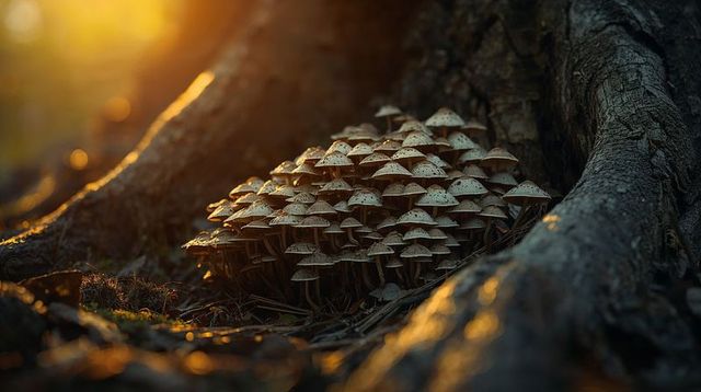 Golden rimlight highlighting growing cluster of woodland mushrooms nestled at tree roots