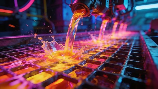 Pouring molten metal casting bright neon splashes, glowing flow at industrial foundry grate
