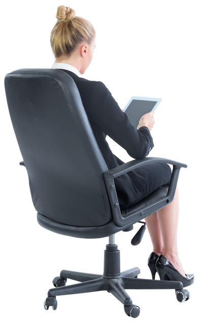 Blonde Businesswoman Sitting on Swivel Chair with Tablet, Transparent Background - Download Free Stock Videos Pikwizard.com