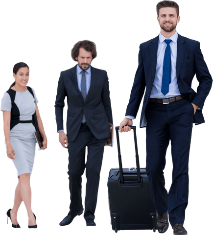 Team of business professionals walking with points of interest transparent background