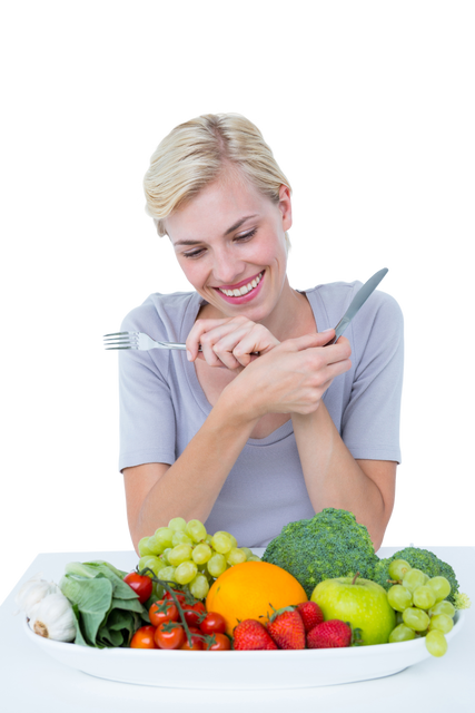 Woman Sitting Behind Table with Fruits and Vegetables, Transparent Background - Download Free Stock Videos Pikwizard.com