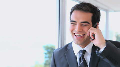 Smiling Businessman Talking on Smartphone Near Window