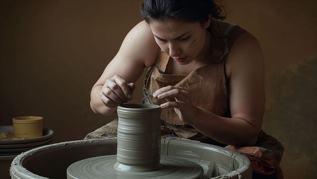 Female potter shaping tall clay vessel on spinning wheel, artisan ceramic craft studio
