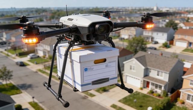 Autonomous delivery drone carrying archive box over suburban homes sunlit amber led lights