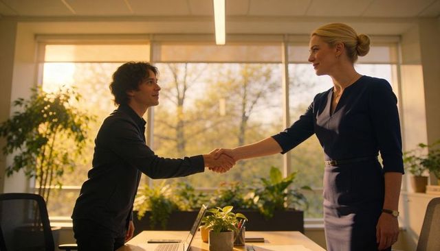 Sunlit handshake between employee and manager in modern office meeting