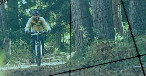Cyclist riding through forest with superimposed math equations