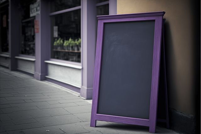 An empty chalkboard with a vibrant purple frame stands on the sidewalk outside a street cafe. This image is ideal for business owners and advertisers looking to create custom messages or promotions. It captures a stylish and practical urban scene, perfect for marketing materials, social media posts, and design mockups to showcase potential advertisements, menus, or announcements in a visually engaging way.