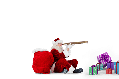 Charming Santa Claus sitting beside Santa bag and looking through telescope at colorful wrapped gifts on transparent background. Ideal for designing holiday greeting cards, Christmas promotions, or festive event announcements. Perfect for websites, social media posts, and any project requiring a humorous and festive touch.