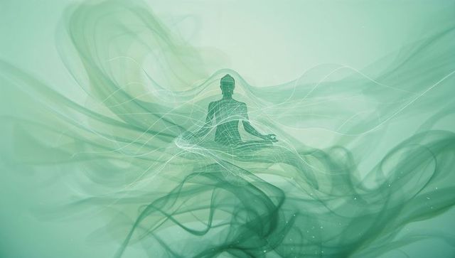 Wireframe Meditation Pose in Ethereal Digital Atmosphere