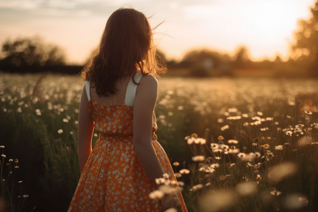 Young girl enjoys peaceful evening walk through flower-covered meadow, bathed in warm, golden sunset light. Perfect for themes of tranquility, childhood, nature appreciation, and serene summer moments. Ideal for use in floral, lifestyle, and outdoor content; suitable for blog posts, relaxation and mindfulness promotions, or children's stories.