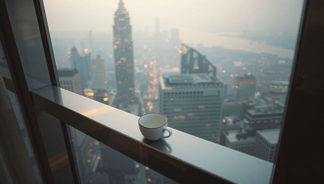 Tranquil Hot Beverage Amidst Modern Urban Skyline Views