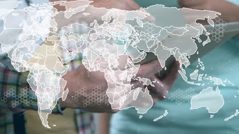 Business Team Engaging with Global Network on Tablet