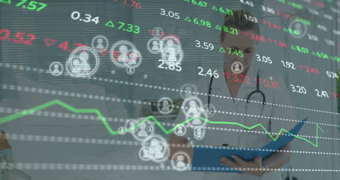 Financial Data Overlay on Doctor Analyzing Medical Reports