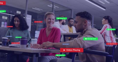 Diverse Colleagues Discussing Work with Social Media Overlay in Office