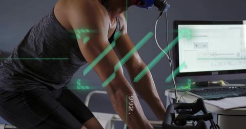 Athlete undergoing vo2 max cycling test with metabolic mask, performance analytics, lab monitoring