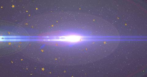 Glowing Blue Lens Flare Crossing Purple Space Scattering Gold Stars and Cosmic Halo