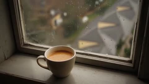 Slow panning over coffee cup on rain-speckled windowsill, rooftops passing blurred