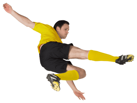 Dynamic Football Player in Yellow Performing Power Kick Transparent