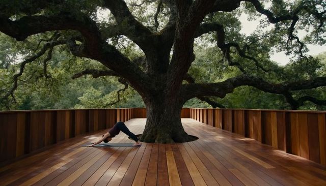 Woman practicing yoga on elevated wooden deck circling ancient oak tree canopy