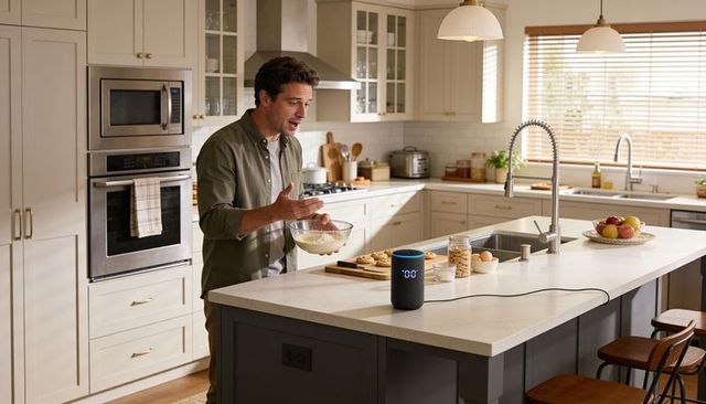 Mixing dough while talking to smart speaker in bright farmhouse kitchen baking cookies